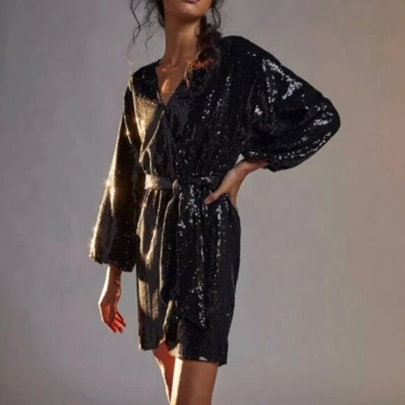 Anthropologie Lisabette Sequined Mini Dress Black Size Small - Picture 1 of 10